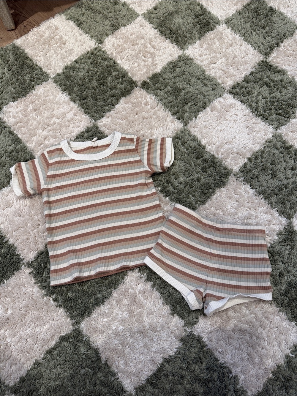 Quincy Mae- Striped Ribbed Two-Piece Loungewear Set - Cream, Brown, Dusty Blue